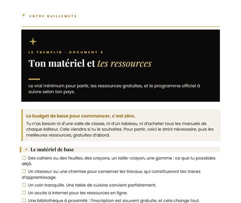 Première page du document 4 : Ton matériel et tes ressources